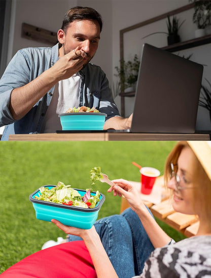 Lunememo 8 Pack Collapsible Silicone Food Storage Containers with Lids, Freezer & Dishwasher Safe, Foldable Lunch Box for Camper, Leftovers, Meals, Blue