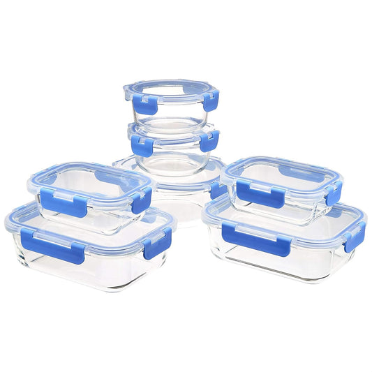 Amazon Basics Glass Food Storage Containers with BPA-Free Locking Lids - Set of 14 Pieces, Clear with Blue Silicone Seals, Microwave and Freezer Safe, Dishwasher Safe, Durable and Easy to Clean