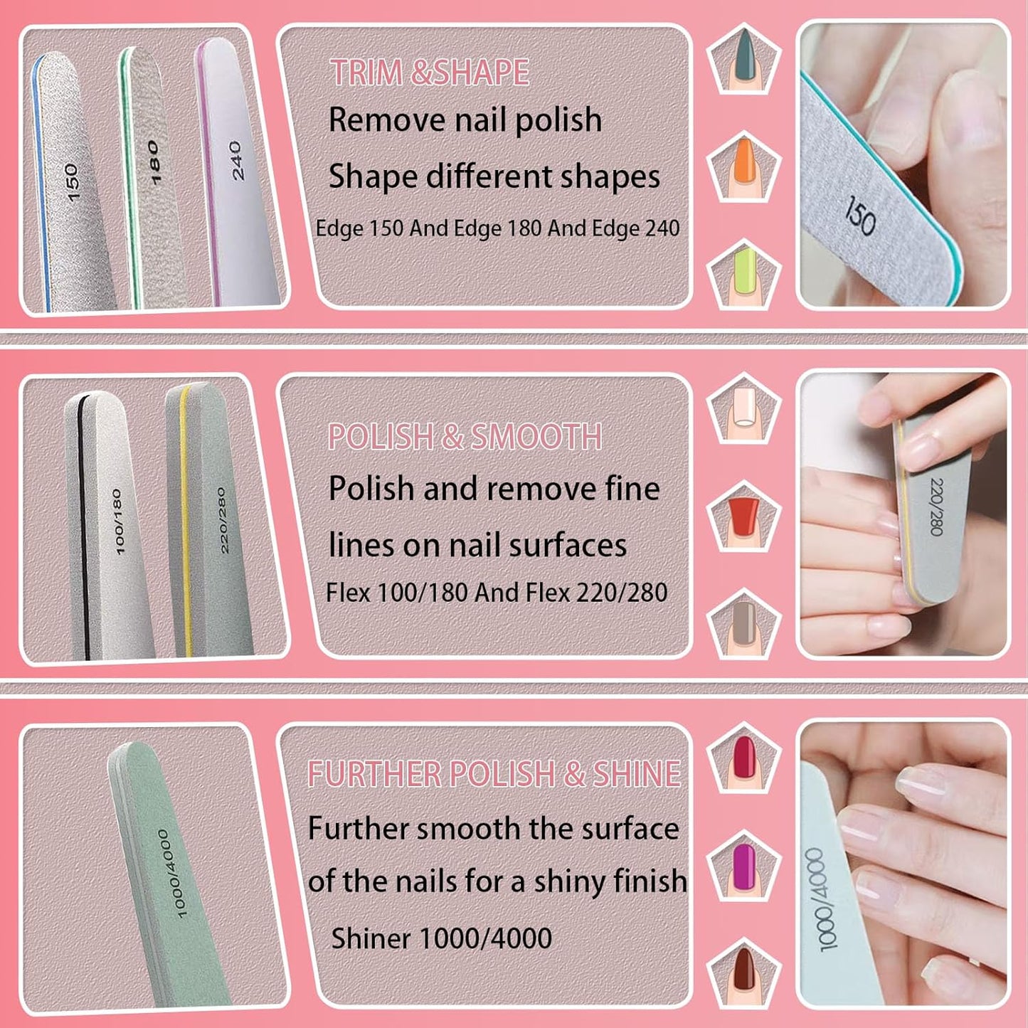 HANHOST Professional 9-Piece Nail File & Buffer Set - Multi-Grit Emery Boards (150、180、240、100/180、220/280、1000/4000) for Shaping, Smoothing & Shining - Natural/Acrylic/False Nails - Home & Travel Nail Care Kit