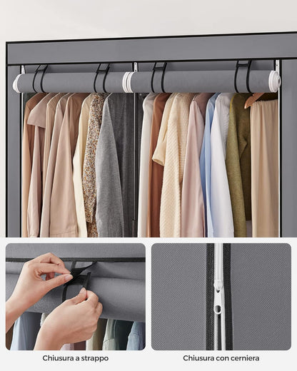 SONGMICS RYG02GY Wardrobe Wardrobe Bedroom Clothes Rack with 2 Bars Clothes Rail Portable Fabric Folding Wardrobe for Wardrobe, 140 x 43 x 174 cm, Grey RYG02GY