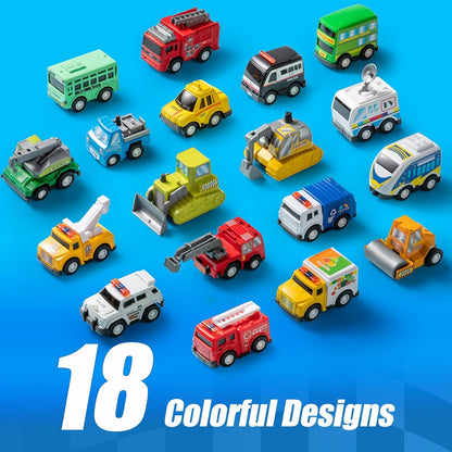 18 Piece Pull Back City Cars and Trucks Toy Vehicles Set Model Car, Friction Powered Die-Cast Cars for Toddlers, Boys, and Girls’ Educational Play - Kids Presents Toys