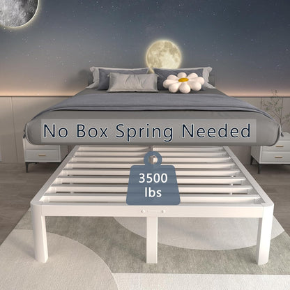 ITIMIDI 14 Inch White Full Size Bed Frame with Round Legs, Metal Platform Bed Frame Full No Box Spring Needed, DIY Headboard, Heavy Duty Steel, Noiseless, Storage Space, Easy Assembly