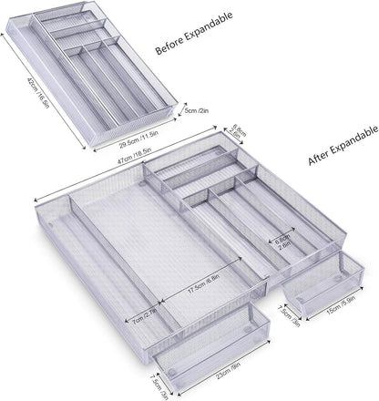 Metal Cutlery Tray Drawer Organizer Large, Expandable 7+2 Separate Compartments Mesh Utensil Organizer, Adjustable Kitchen Tableware Flatware Tray with Non-Slip Foam Feet
