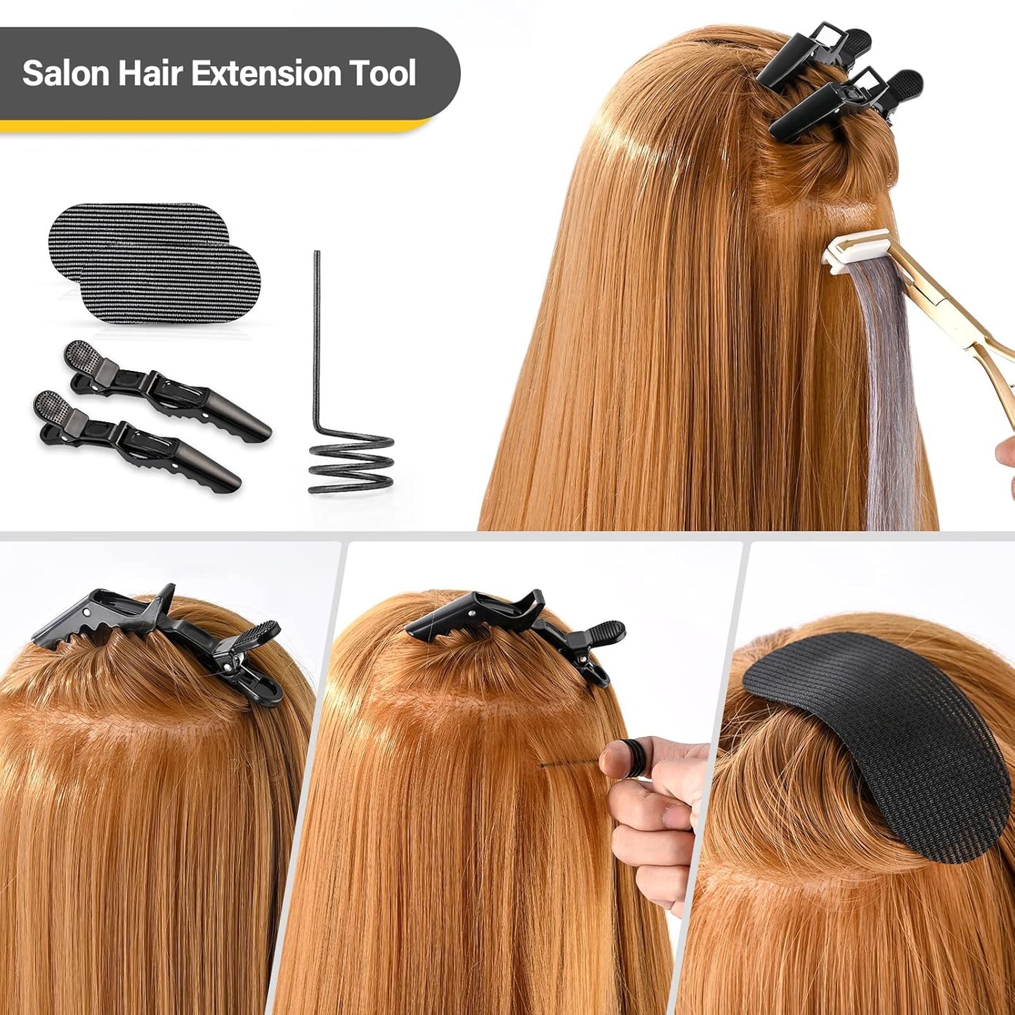 Gomake Tape in Hair Extension Tools Kit with Flat Surface Stainless Steel Tape in Hair Extensions Sealing Clamp Plier,Tape Remover Scraper Tool,Hair Clips, Human Hair Extensions Styling Tools-Gold