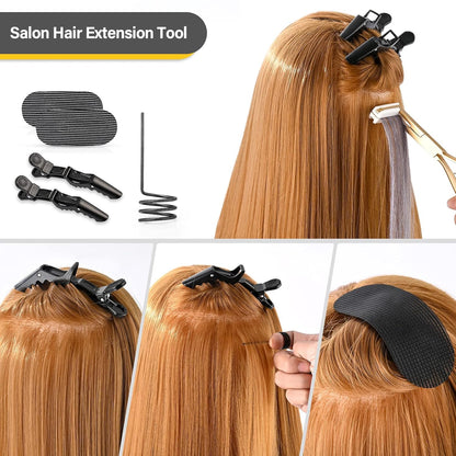 Gomake Tape in Hair Extension Tools Kit with Flat Surface Stainless Steel Tape in Hair Extensions Sealing Clamp Plier,Tape Remover Scraper Tool,Hair Clips, Human Hair Extensions Styling Tools-Gold