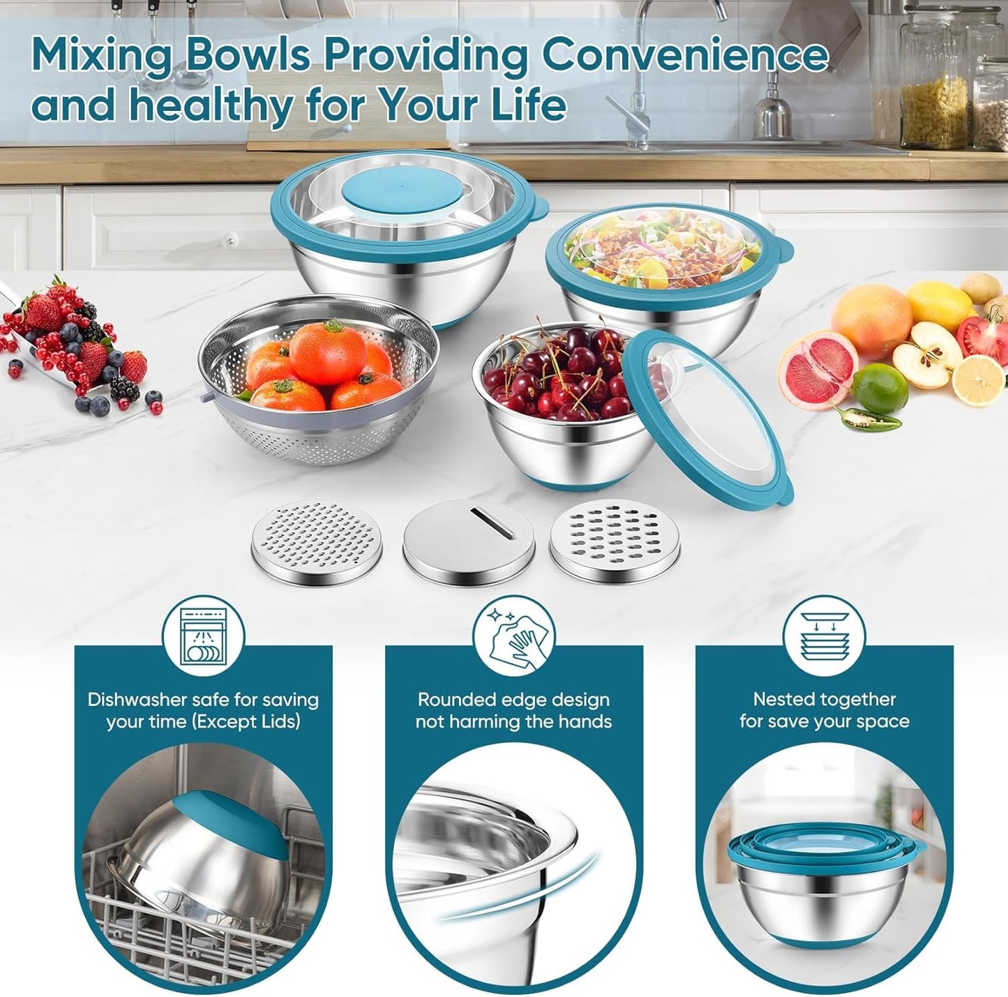 P&P CHEF Mixing Bowls with Lids Set of 3, 3 Pcs Stainless Steel Nesting Salad Bowls and Colander for Kitchen, 3 Grater Attachments & Non-Slip Bottoms, Visible & Airtight Lid, Blue