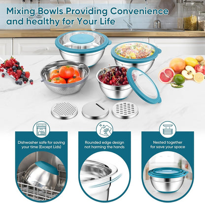 P&P CHEF Mixing Bowls with Lids Set of 3, 3 Pcs Stainless Steel Nesting Salad Bowls and Colander for Kitchen, 3 Grater Attachments & Non-Slip Bottoms, Visible & Airtight Lid, Blue