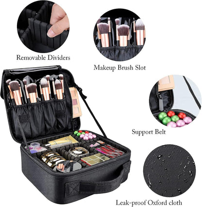 GZCZ Travel Makeup Bag,Large Capacity Makeup Train Case Portable Artist Cosmetic Bag with Adjustable Dividers for Cosmetics Makeup Brushes Toiletry Jewelry Digital Accessories （S - Black）