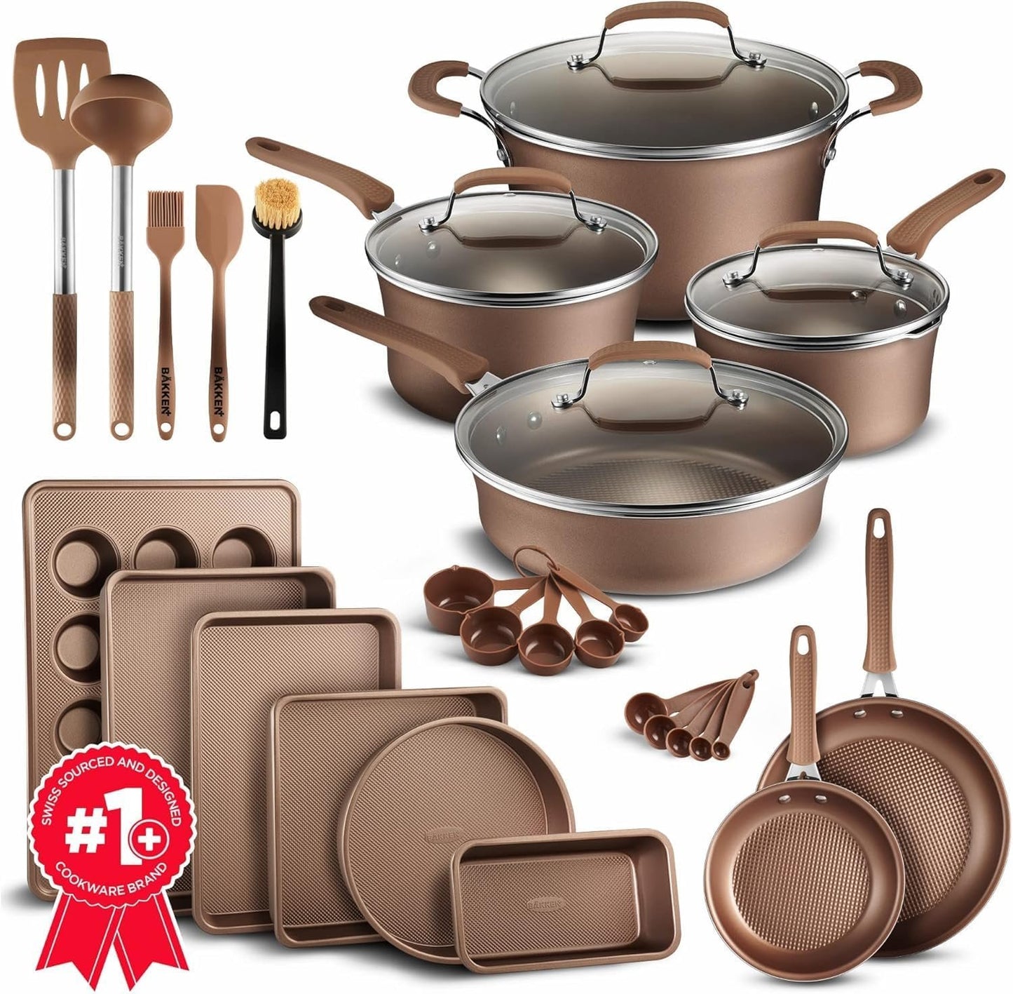 Pots and Pans Set Non Stick Ceramic, 23-Piece Cookware & Bakeware Sets with Plaid Pattern, Stackable Design, Dishwasher Safe, Stain-Resistant, Oven & All-Stove Safe, Tempered Glass Lid, Golden