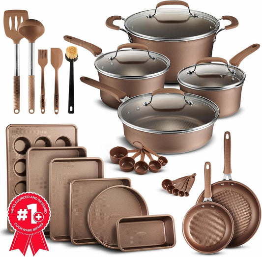 Pots and Pans Set Non Stick Ceramic, 23-Piece Cookware & Bakeware Sets with Plaid Pattern, Stackable Design, Dishwasher Safe, Stain-Resistant, Oven & All-Stove Safe, Tempered Glass Lid, Golden