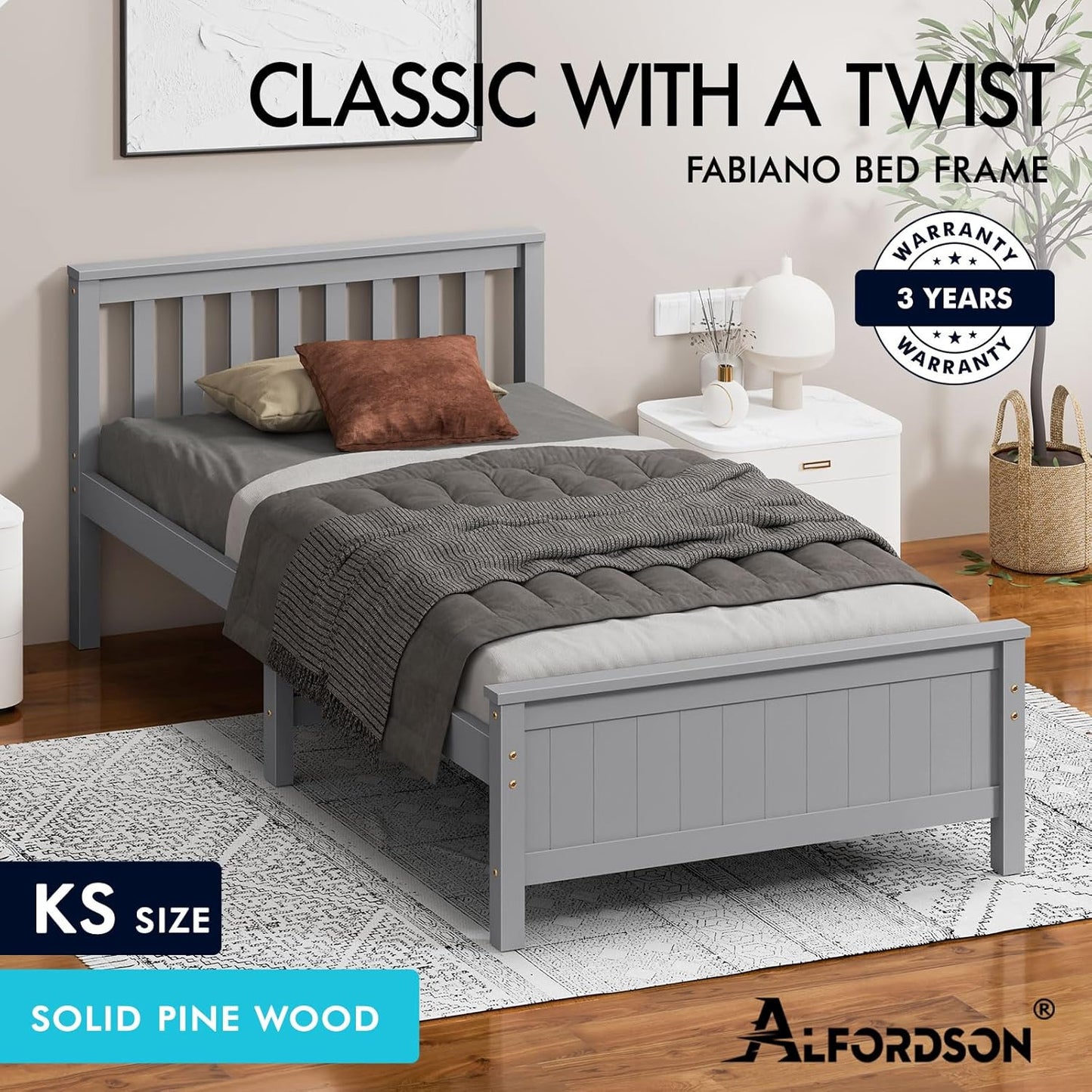 ALFORDSON King Single Size Wooden Bed Frame Base Fabiano Series with Headboard & Tailboard, Slatted Design with Solid Pine Wood Construction for Home Bedroom, Modern Scandinavian Style, Grey
