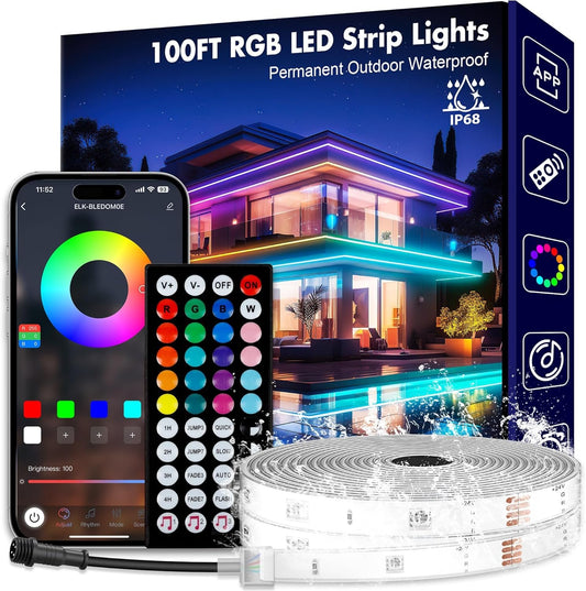 100ft Outdoor Led Strip Lights Waterproof Room Decor, PHLSTYLE 30m IP68 Permanent Outdoor Christmas Lights for House, Smart Color Changing Rope Lights with Bluetooth Controller Remote Sync to Music