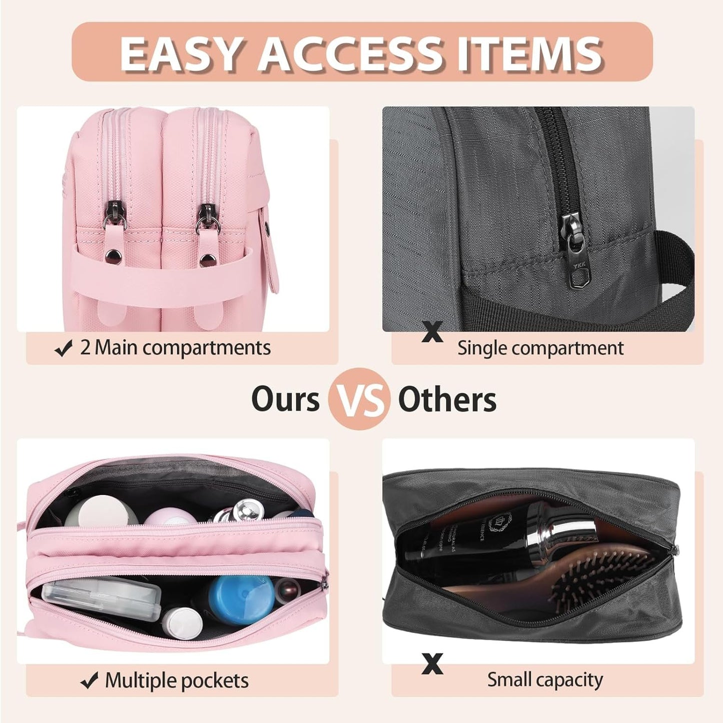 Toiletry Bag Oxford Cloth Toiletry Bag for Men and Women Portable Travel Shaving Dopp Kit Water-Resistant Cosmetic Bag Travel Organizer Storage for Accessories,Pink