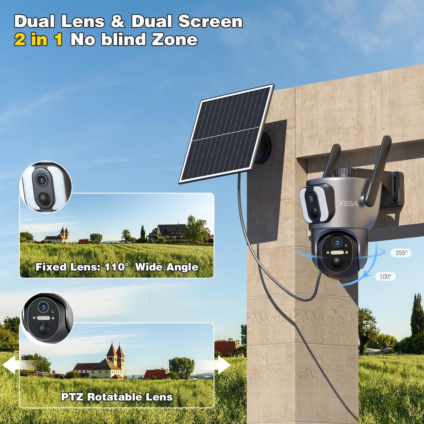 Xega 4Gã€Dual Lensã€‘ Security Camera Outdoor with SIM Card, 14400mAh Solar Powered Wireless No WiFi Security Camera, 2K HD PTZ CCTV with Human Detection Spotlight Siren Alert TF Cloud Storage IP66