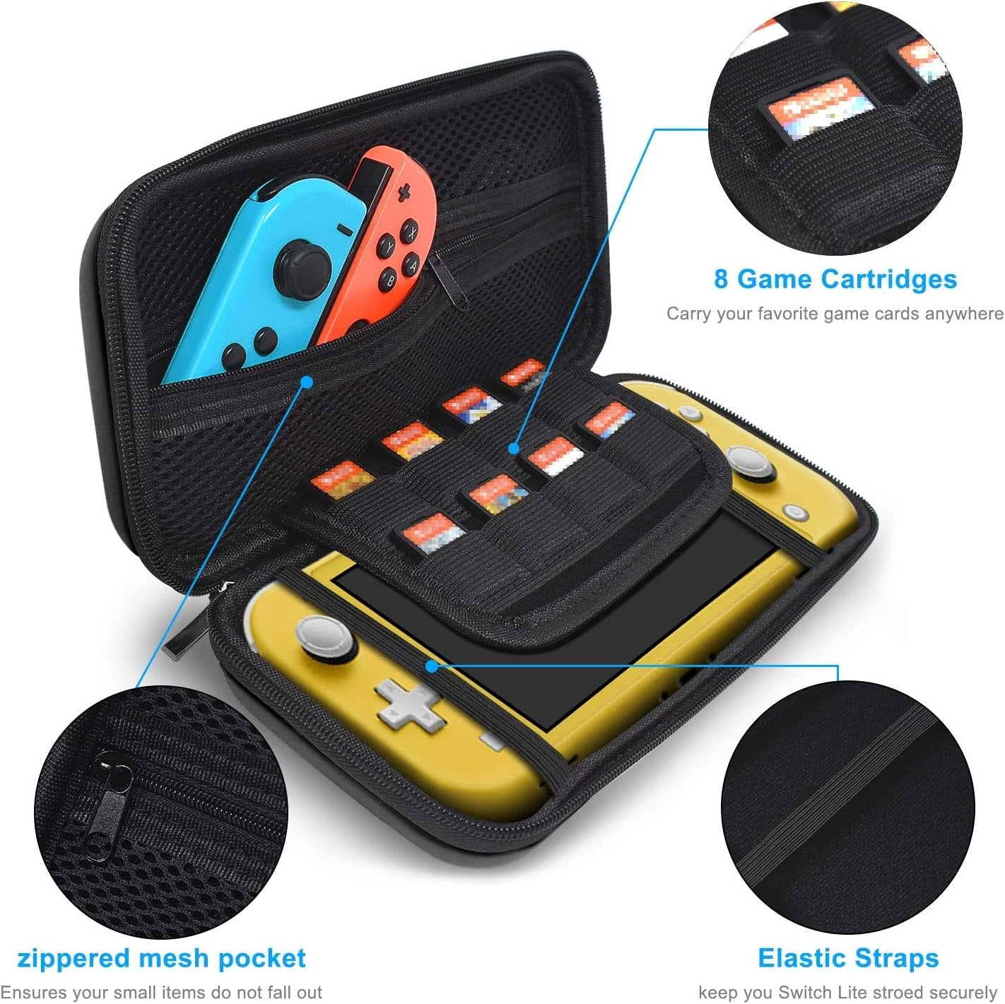Case for Nintendo Switch Lite Accessories, YUANHOT Portable Travel Bag for Switch Lite Games Protective Case & Tempered Glass Screen Protector & 6 Thumb Grip Caps - Black