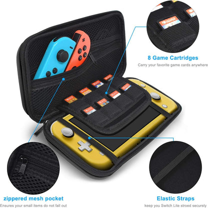 Case for Nintendo Switch Lite Accessories, YUANHOT Portable Travel Bag for Switch Lite Games Protective Case & Tempered Glass Screen Protector & 6 Thumb Grip Caps - Black