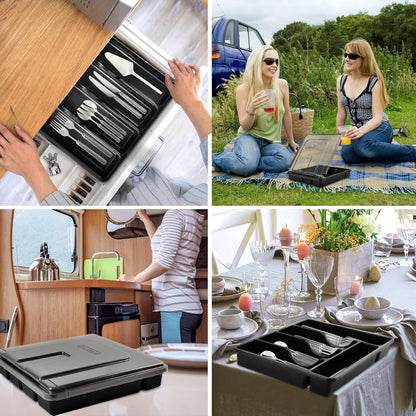 Gikecor Cutlery Organizer with Lid, Silverware Utensil Organizer for Kitchen Countertop, 5 Compartments Flatware Tray Drawer Organizer for Silverware