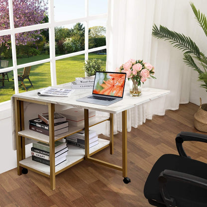 AT-VALY Folding Dining Table with 2 Storage Open Shelf Drop Leaf Extension Dining Table Top Folding 15.7" to 55.1" Kitchen Table (Gold)