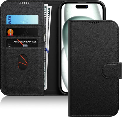 JETech Wallet Case for iPhone 15 6.1-Inch, Shockproof PU Leather Magnetic Flip Cover with Card Holder, Stand Feature and Full Camera Protection (Black)