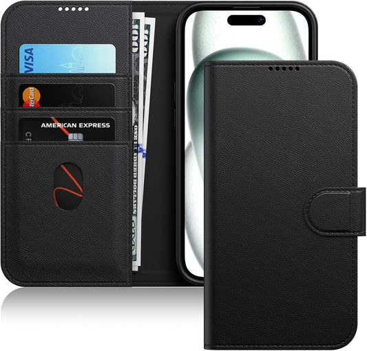 JETech Wallet Case for iPhone 15 6.1-Inch, Shockproof PU Leather Magnetic Flip Cover with Card Holder, Stand Feature and Full Camera Protection (Black)