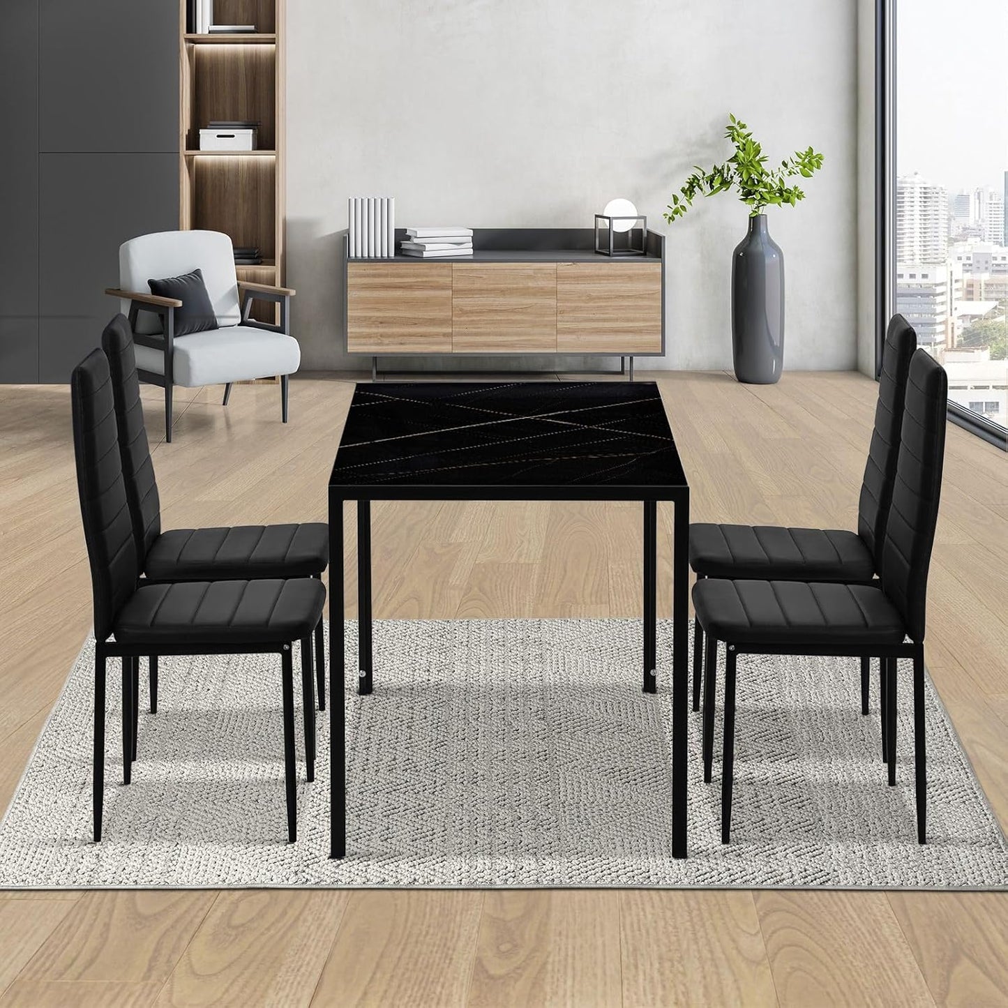 Luxsuite Dining Table Marble Tabletop Rectangular 120cm Modern Sintered Stone Glossy Marble Effect Top Dinner Tables 4 Seater with Tapered Metal Legs Dining Room Home Lounge Kitchen Black