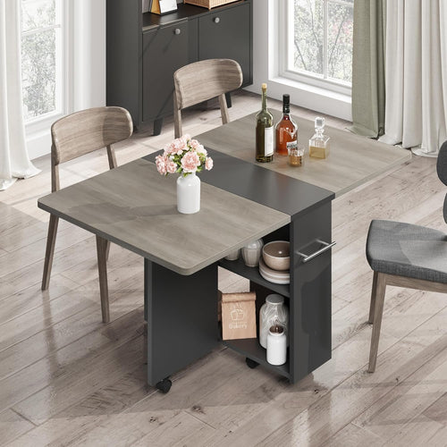 Space Saving Folding Dining Table with 2 Tier Storage-Extendable Drop Leaf Farmhouse Kitchen Dining Room Tables Set for 4, Collapsible Expandable Rectangle (Carlo Grey, 47.2" D x 23.6" W x 29.5" H)