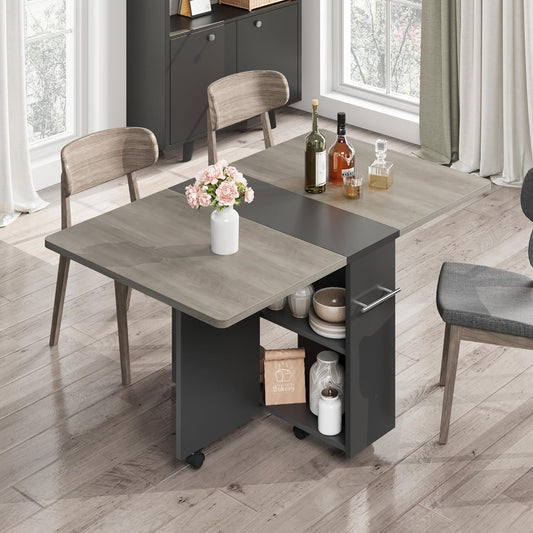 Space Saving Folding Dining Table with 2 Tier Storage-Extendable Drop Leaf Farmhouse Kitchen Dining Room Tables Set for 4, Collapsible Expandable Rectangle (Carlo Grey, 47.2" D x 23.6" W x 29.5" H)