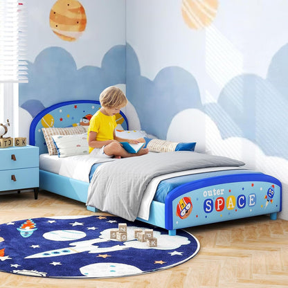 Costzon Twin Bed Frames for Kids, Wood Upholstered Twin Bed Platform with Slat Support, Padded Headboard&Footboard, No Box Spring Needed, Easy Assembly, Fits Standard Twin Mattress (Outer Space)