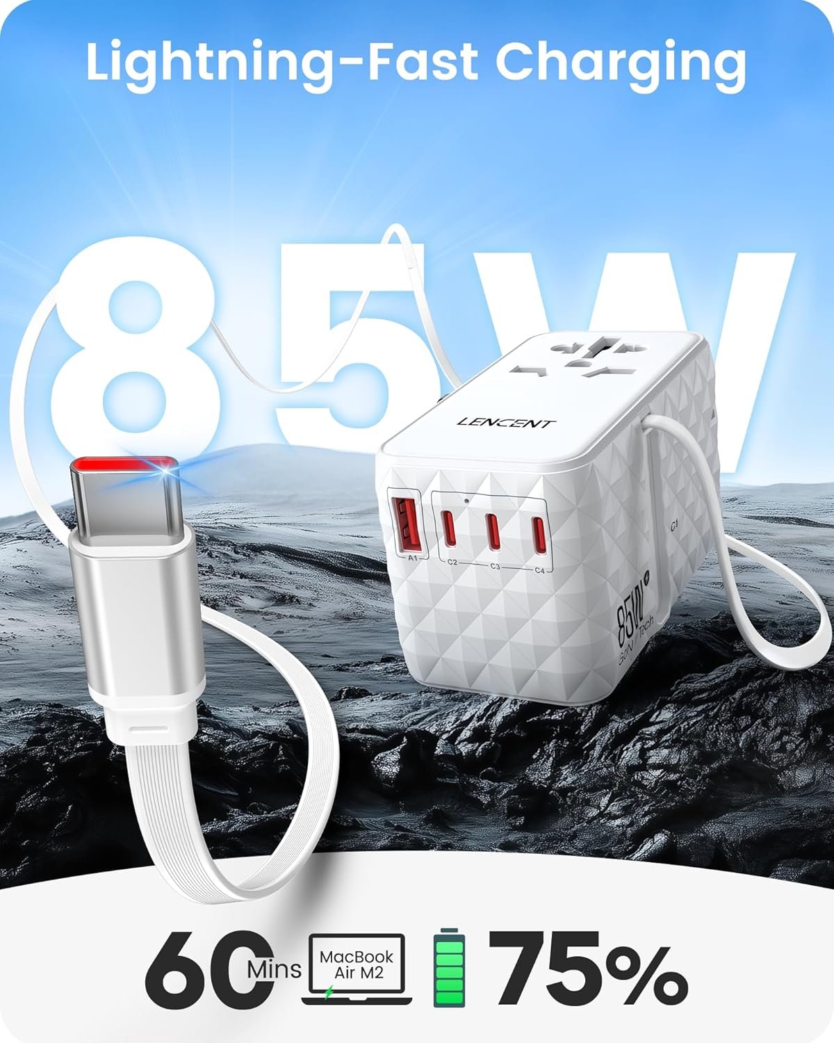 LENCENT 85W Travel Adapter with Retractable Cable, 6-in-1 International Power Adapters (3 Type C+1 USB A), GaN Fast Charging Travel Plug Adaptor for AU to US Japan EU UK Bali (Type C/G/A/I)