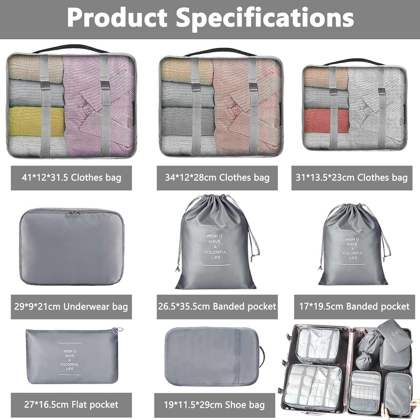MOOING 12 Pieces Travel Suitcase Organizer Set, Travel Cube System, Separators for Travel, Travel Organizer, Packing Cubes, Storage Case Set for Clothes, Shoes, Underwear (Grey)
