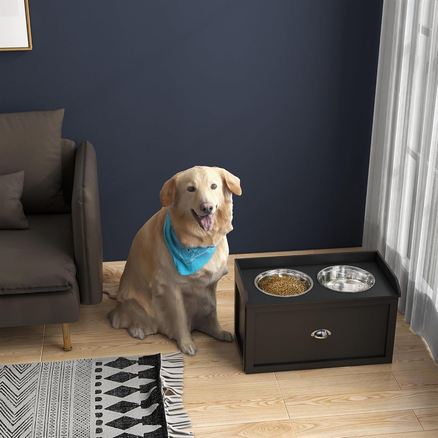 PawHut Elevated Dog Bowls for Large Dogs, Raised Pet Feeding Station with 2 Stainless Steel Bowls, Hidden Storage Drawer, Wood Stand for Cats, Black