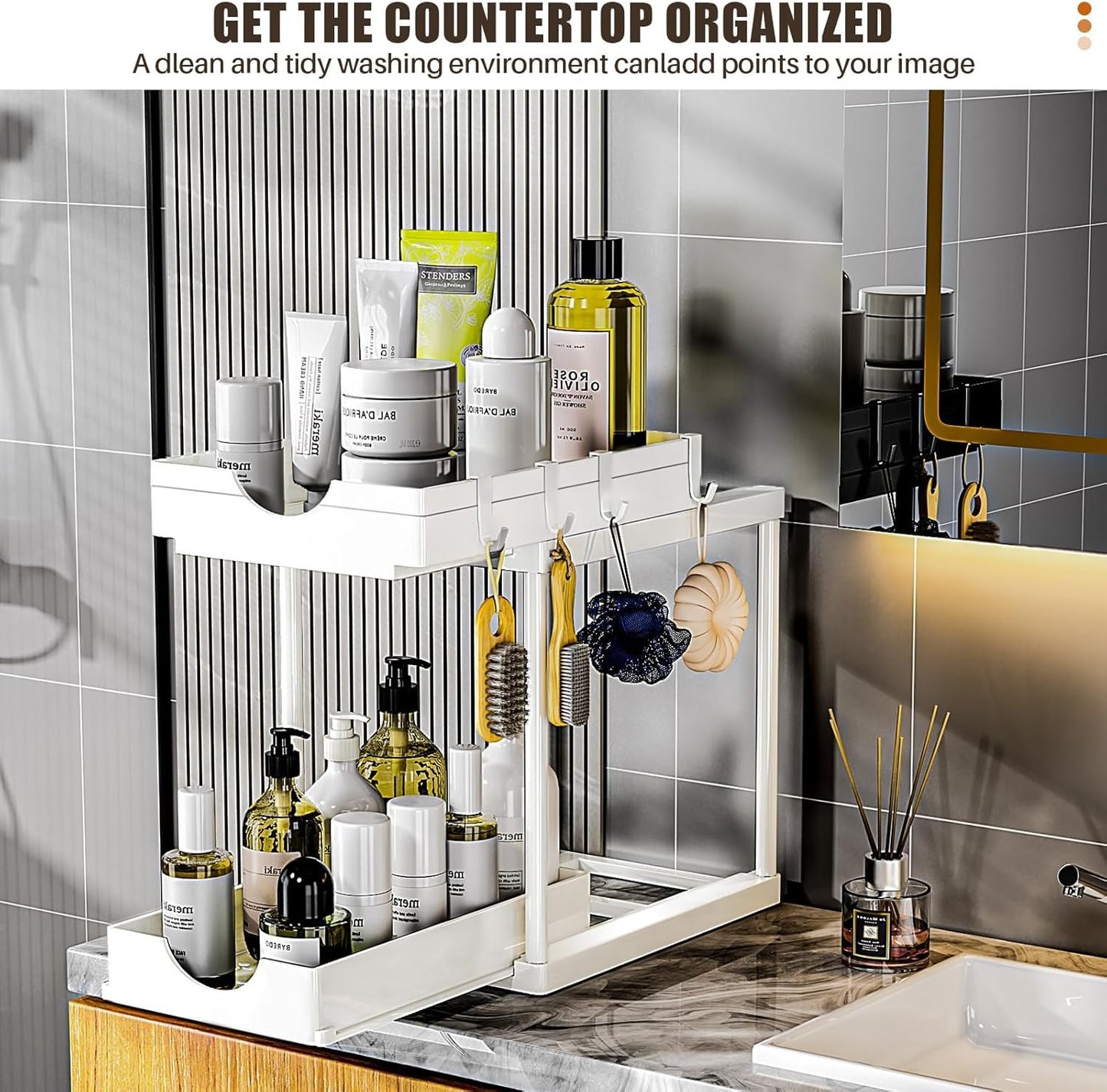 ARSTPEOE 2 Pack Double Sliding Under Sink Organizers and Storage,Two Tier Bathroom Storage and organization,Under Cabinet Organizer with Hooks Hanging Cup,Home Organization,White