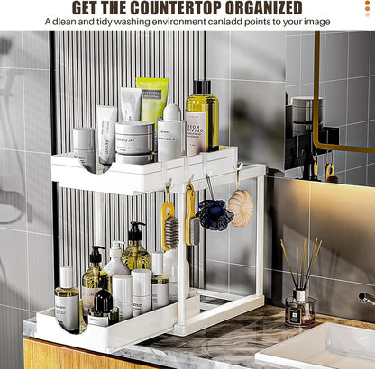 ARSTPEOE 2 Pack Double Sliding Under Sink Organizers and Storage,Two Tier Bathroom Storage and organization,Under Cabinet Organizer with Hooks Hanging Cup,Home Organization,White