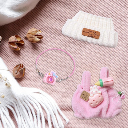 6-6.7 Inch Doll Clothes, Doll Clothes, Doll Accessories, Plush Clothes with 1 Hat, 1 Romper, 1 Camera Backpack (Pink)