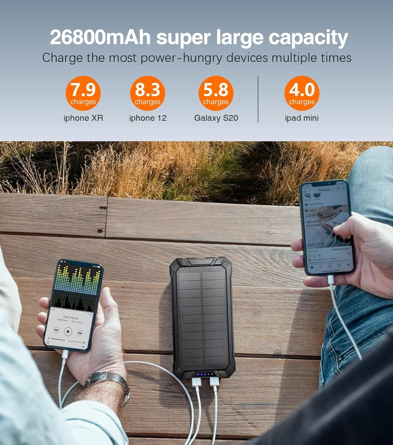 GOODaaa Wireless Solar Power Bank Portable Charger 26800mAh Built in 4 Cables Six Outputs 15W Fast Charging Power Bank for All Mobile Devices Three Inputs Solar Portable Charger with Dual Flashlights
