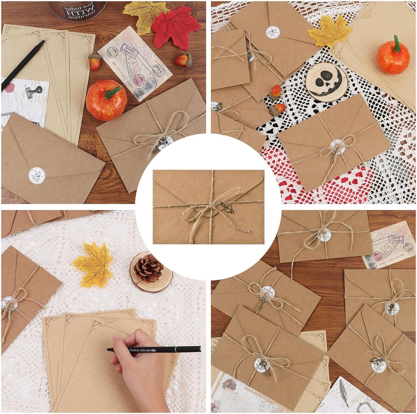 OFNMY 5 Sets of Vintage Stationary Paper + Envelopes, Writing Stationery Paper Letter Set - 20 Sheets of Vintage Letter Papers, 10 envelopes, 10 Hemp Ropes, 10 Classic Key, 10 Sealing Stickers