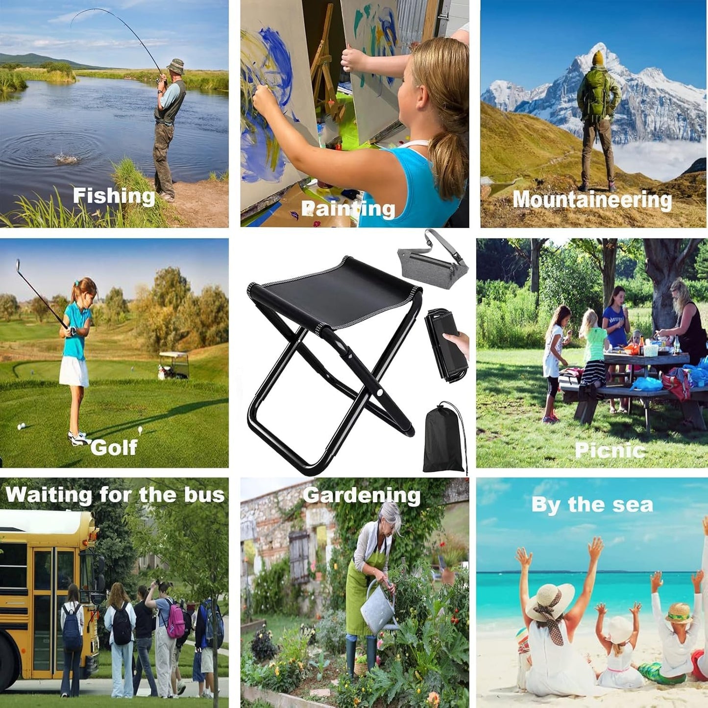 Camping Stool,Portable Folding Stool,Lightweight Collapsible Small Seat Chair with Carry Bag and Mini Fanny Pack,Load Capacity to 100KG,for Outdoor Adults,Travel,Hiking,BBQ, Fishing,Beach