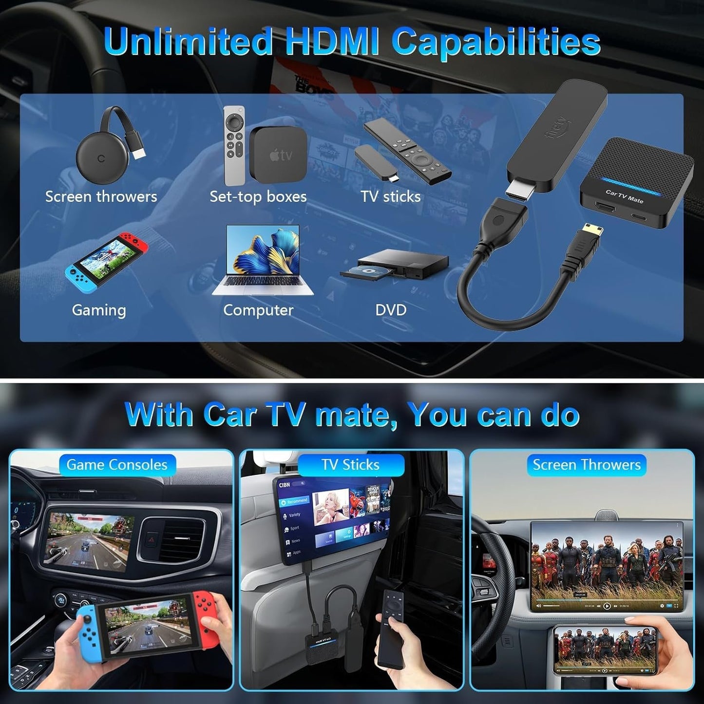 Car TV Mate, 2025 2 in 1 Car TV Mate Pro with Wireless CarPlay for OEM Wired CarPlay Cars, Fire TV Stick Converter with 5.8GHz WiFi for Game Machine/Set-top Boxes, Wireless CarPlay Adapter for iPhone