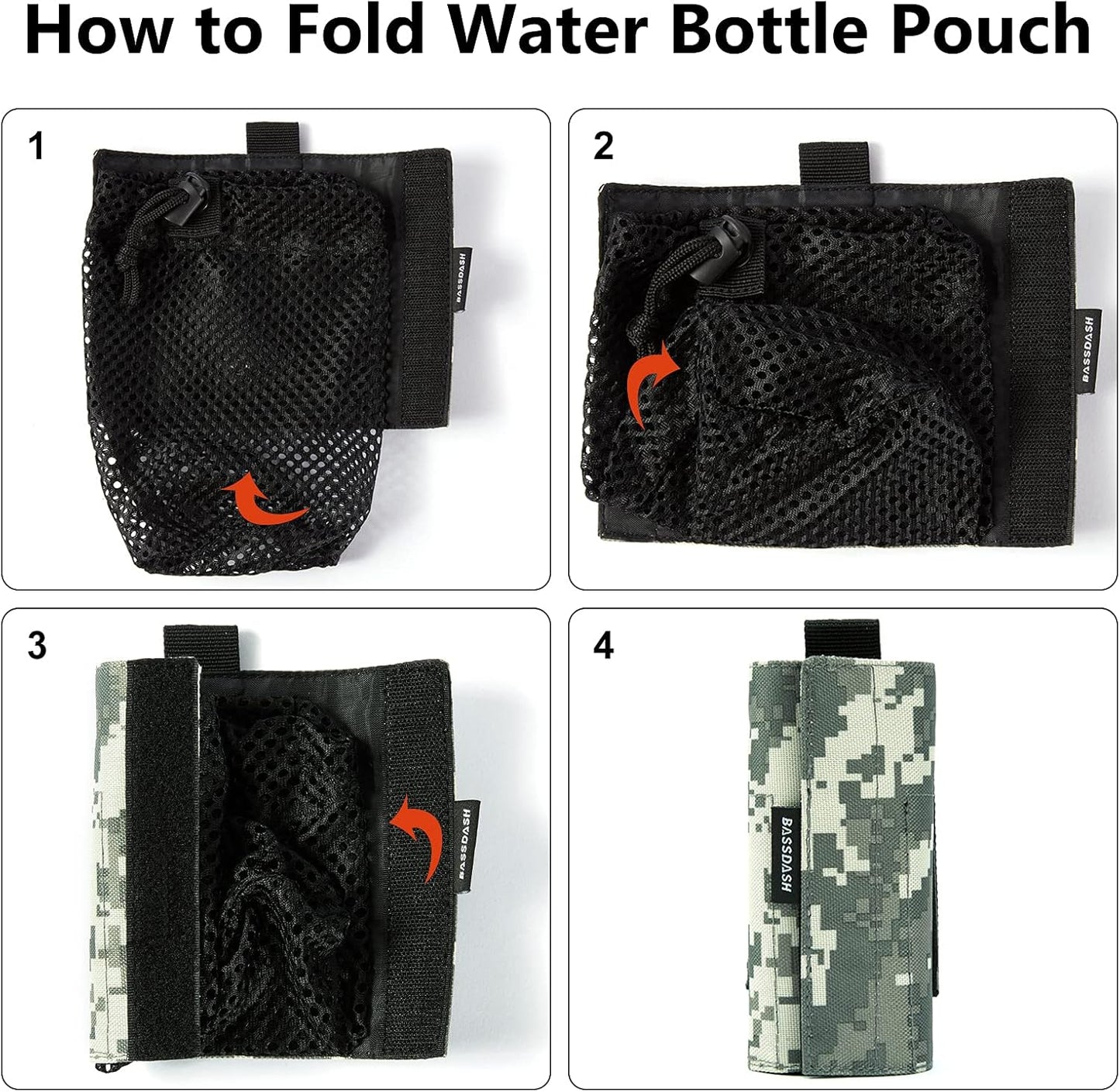 Bassdash Tactical Molle Water Bottle Pouch with Carabiner Foldable Mesh Holder Bag for Travel Fishing Hunting Hiking Outdoor Activities