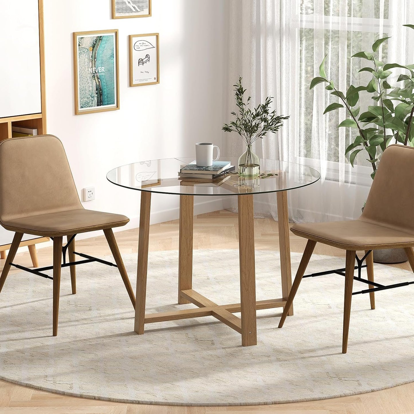 Tangkula 42" Round Glass Dining Table for 4-6, 0.3” Tempered Glass Tabletop with X-Shaped Rubber Wood Frame, Modern Kitchen Table for Home Kitchen Dining Room Breakfast Nook (Single Table)