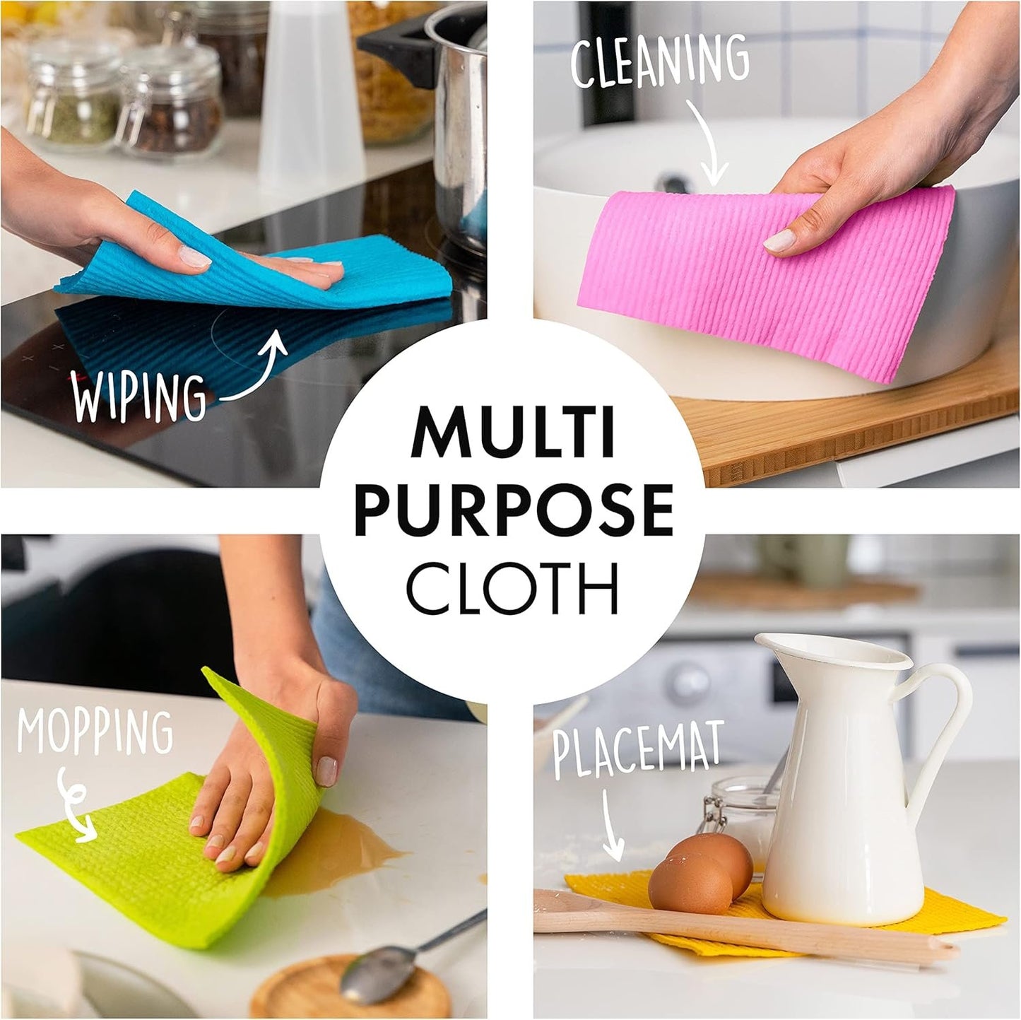 SUPERSCANDI 10 Pack Swedish Dishcloths for Kitchen - 100% Biodegradable & Compostable | Reusable Paper Towels Washable, Food-Safe & Without Plastic - Dish Rags for Any Surface | Pink, Green, Blue