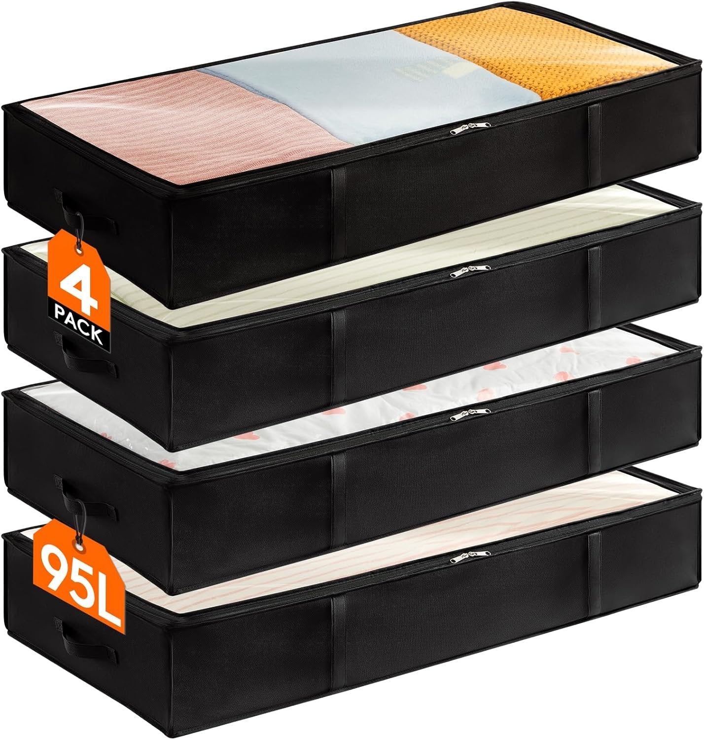 Lifewit 4 Pack 95L Under Bed Storage Bins, Foldable Closet Organizers and Storage Containers,Underbed Storage Bags with Reinforced Handle for Blanket,Clothing,Comforter, Sheets,Wrapping Paper, Black