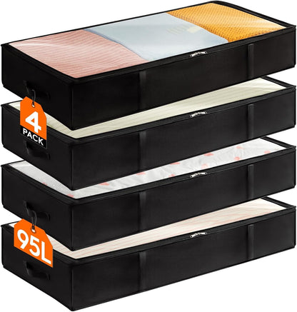 Lifewit 4 Pack 95L Under Bed Storage Bins, Foldable Closet Organizers and Storage Containers,Underbed Storage Bags with Reinforced Handle for Blanket,Clothing,Comforter, Sheets,Wrapping Paper, Black