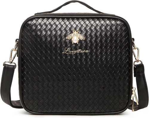 LACATTURA Travel Makeup bag, Leather Makeup Train Case Cosmetic Organizer for Makeup Brushes Toiletry Digital Accessories, Portable Artist Storage Bag With Shoulder Strap for Women Black
