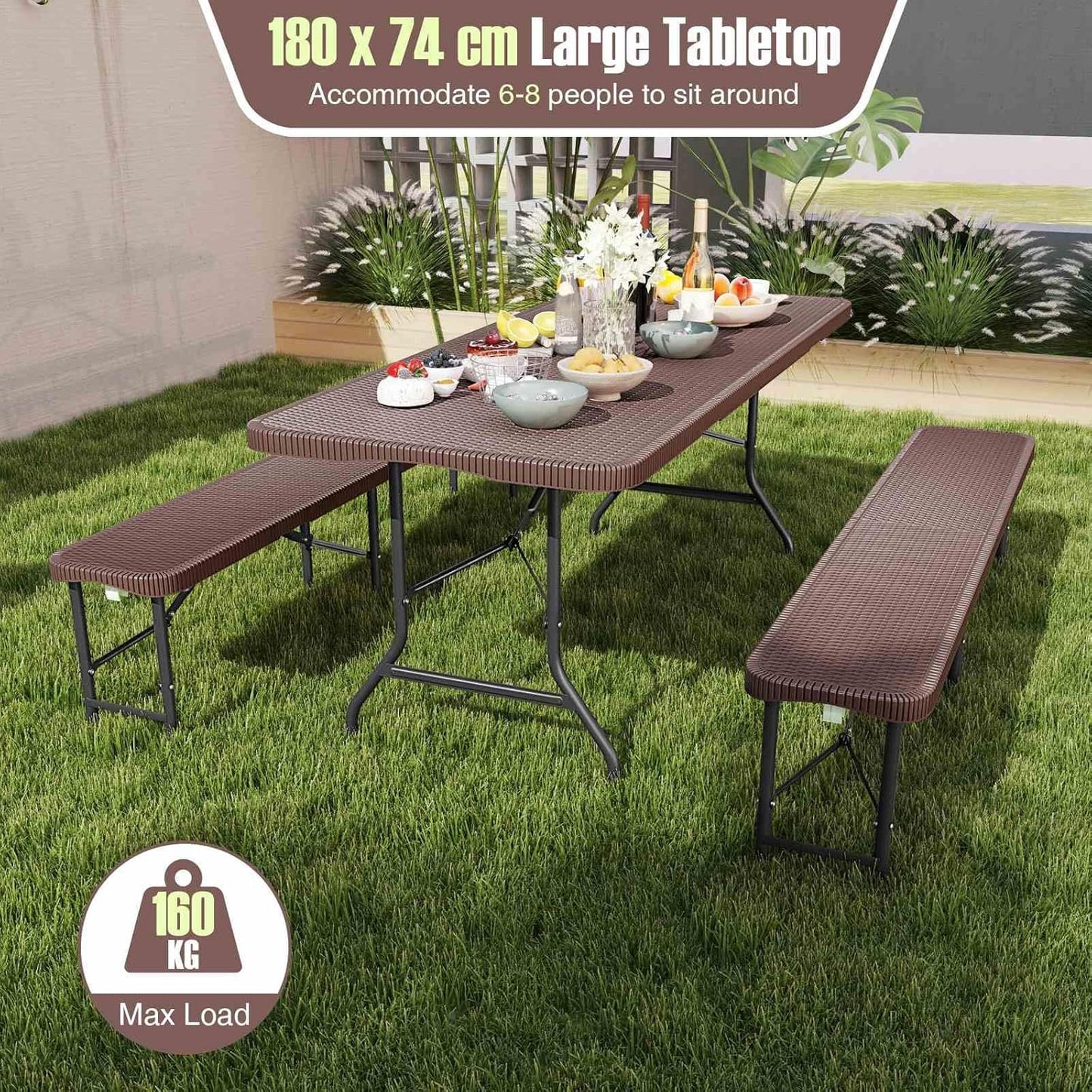 Costway 180cm Outdoor Portable Folding Table, 160kg Fold-in-Half Table w/HDPE Rattan-Like Tabletop, Safe Lock Mechanism, Patio Folding Dining Table w/Carrying Handle for Party, Picnic, Camping
