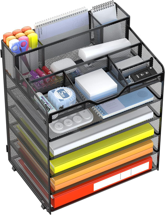 Docnest Multi-Functional Desk Organizer Tray, 6 Tier Paper Letter Tray Organizer with 3 Pen Holder, Mesh Desktop Organizer and Storage with 5 Adjustable Compartments for Office Supplies-Black