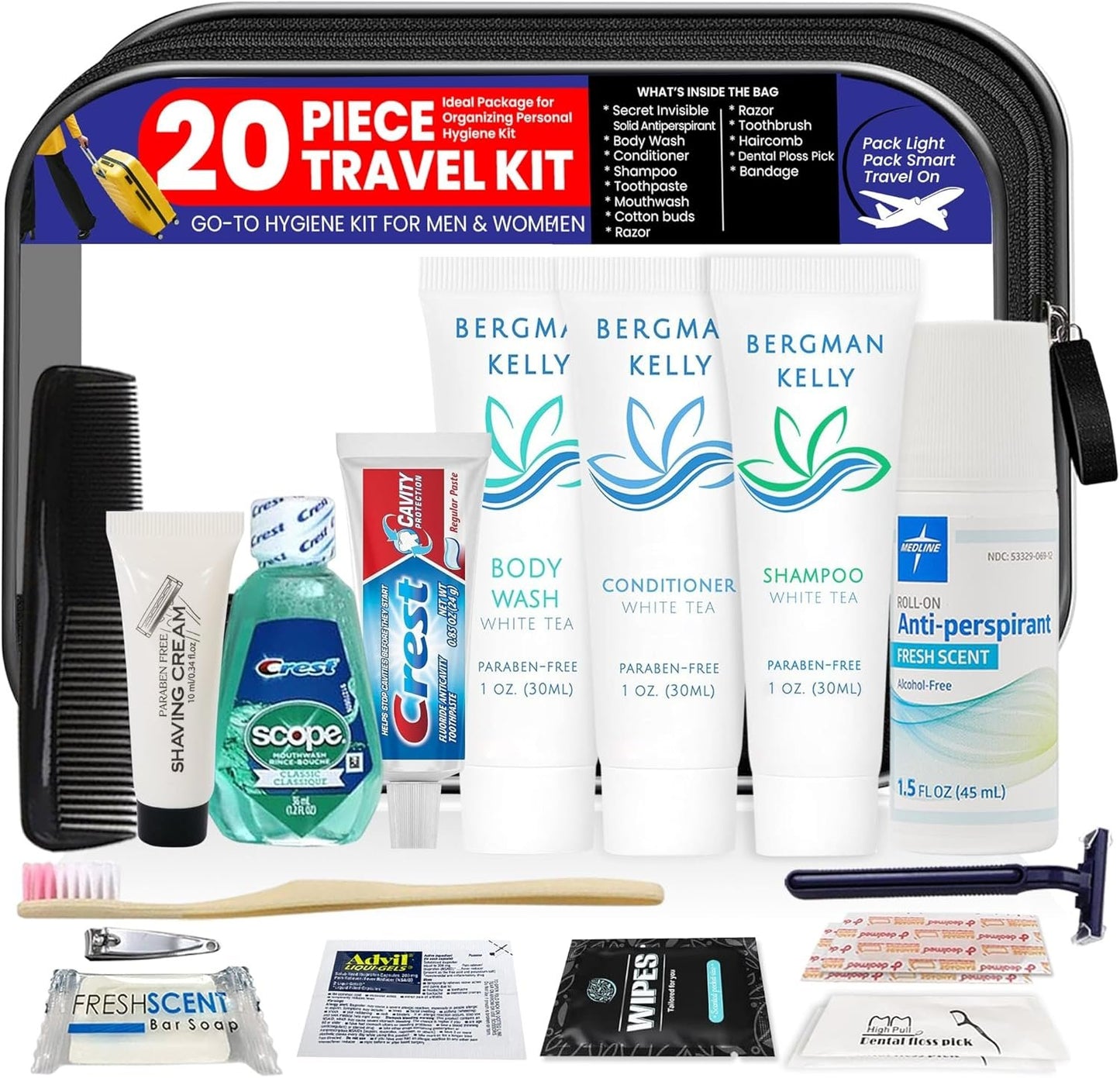 TrekTote 20-Piece Travel Toiletry Convenience Kit - Personal Care Travel Hygiene Essentials Bag with Unisex Toiletries. TSA-Approved Travel Size Kit for Men and Women with Essential Toiletries