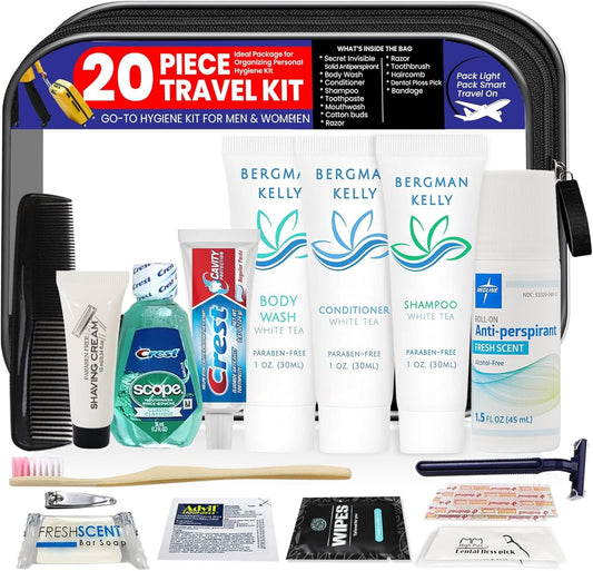 TrekTote 20-Piece Travel Toiletry Convenience Kit - Personal Care Travel Hygiene Essentials Bag with Unisex Toiletries. TSA-Approved Travel Size Kit for Men and Women with Essential Toiletries