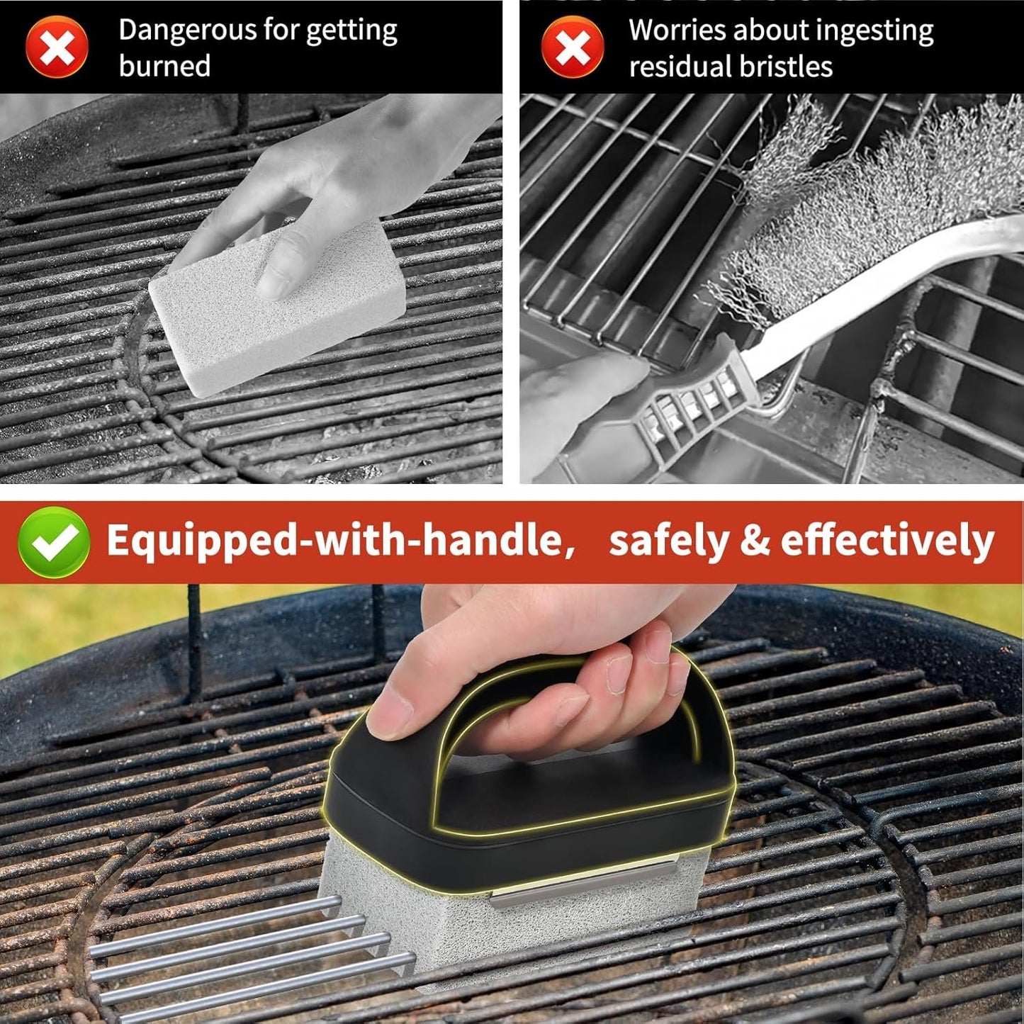 Griddle Stone Grill Brick - Grill Bricks Cleaning Block Barbecue Grill Cleaner Pumice Stone for Blackstone Griddle Accessories Flat Top Brick -3 PCS Grill Cleaning Bricks with Handle