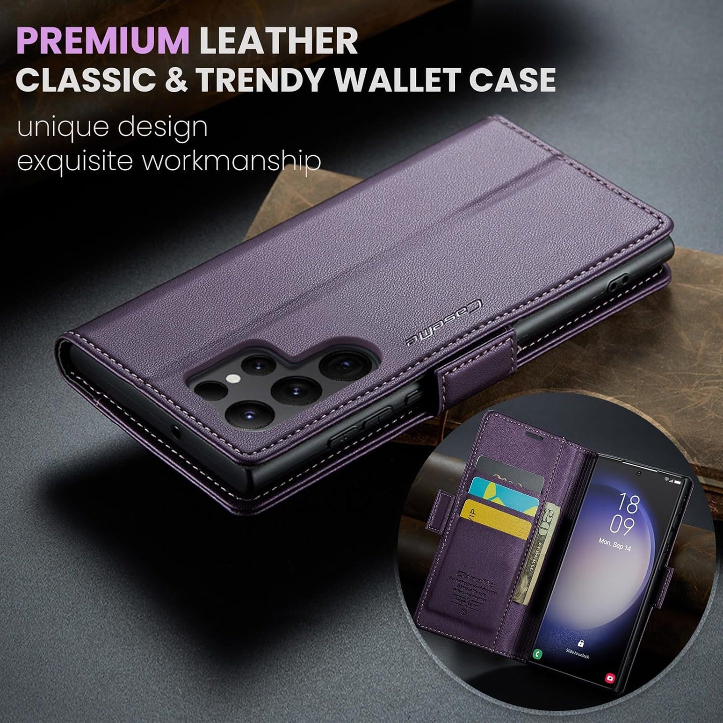 ELEPIK for Galaxy S23 Ultra Case with Card Holder, Kickstand [3 Card Holder + 1 Cash Slot] [Durable PU Leather] Magnetic Wallet Phone Cover for Samsung Galaxy S23 Ultra, Fashion Purple